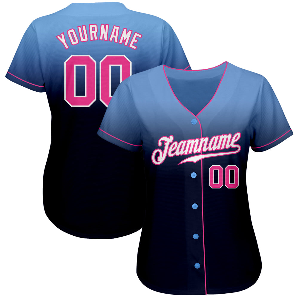 Custom Light Blue Pink-Navy Authentic Fade Fashion Baseball Jersey view 2