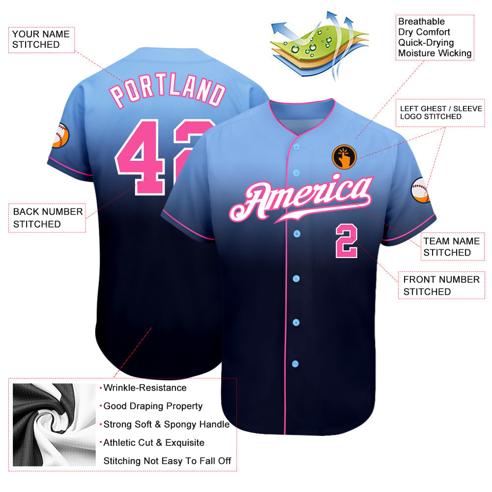 Custom Light Blue Pink-Navy Authentic Fade Fashion Baseball Jersey view 3