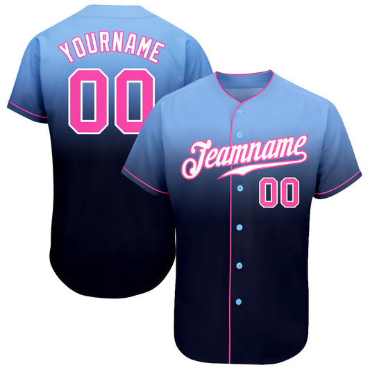 Custom Light Blue Pink-Navy Authentic Fade Fashion Baseball Jersey - Main View
