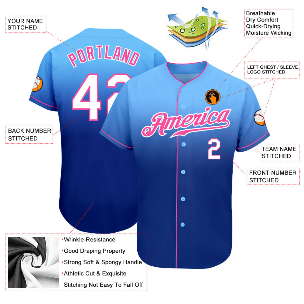 Custom Light Blue White-Royal Authentic Fade Fashion Baseball Jersey view 3