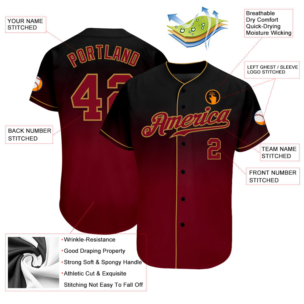 Custom Black Crimson-Old Gold Authentic Fade Fashion Baseball Jersey view 3