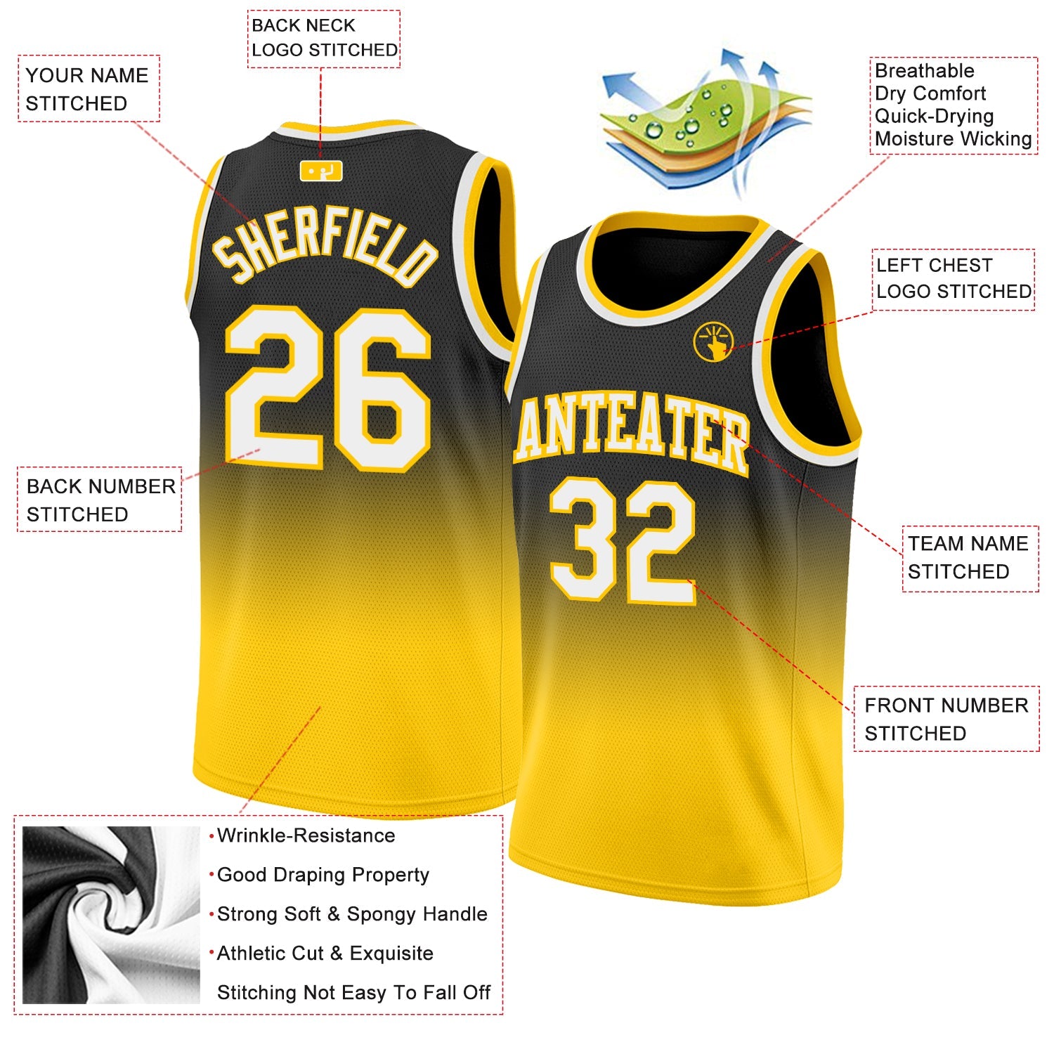 Custom Black White-Gold Authentic Fade Fashion Basketball Jersey view 2