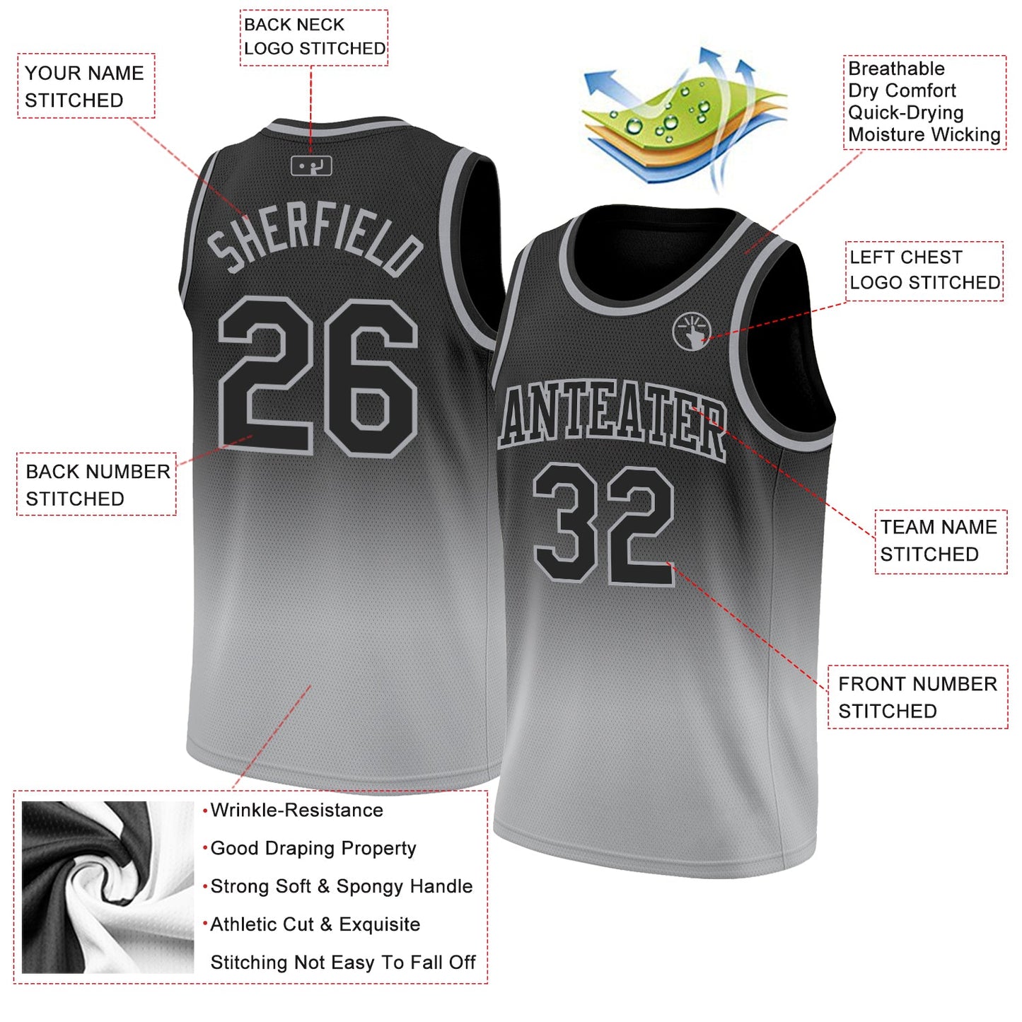 Custom Black Black-Gray Authentic Fade Fashion Basketball Jersey view 2