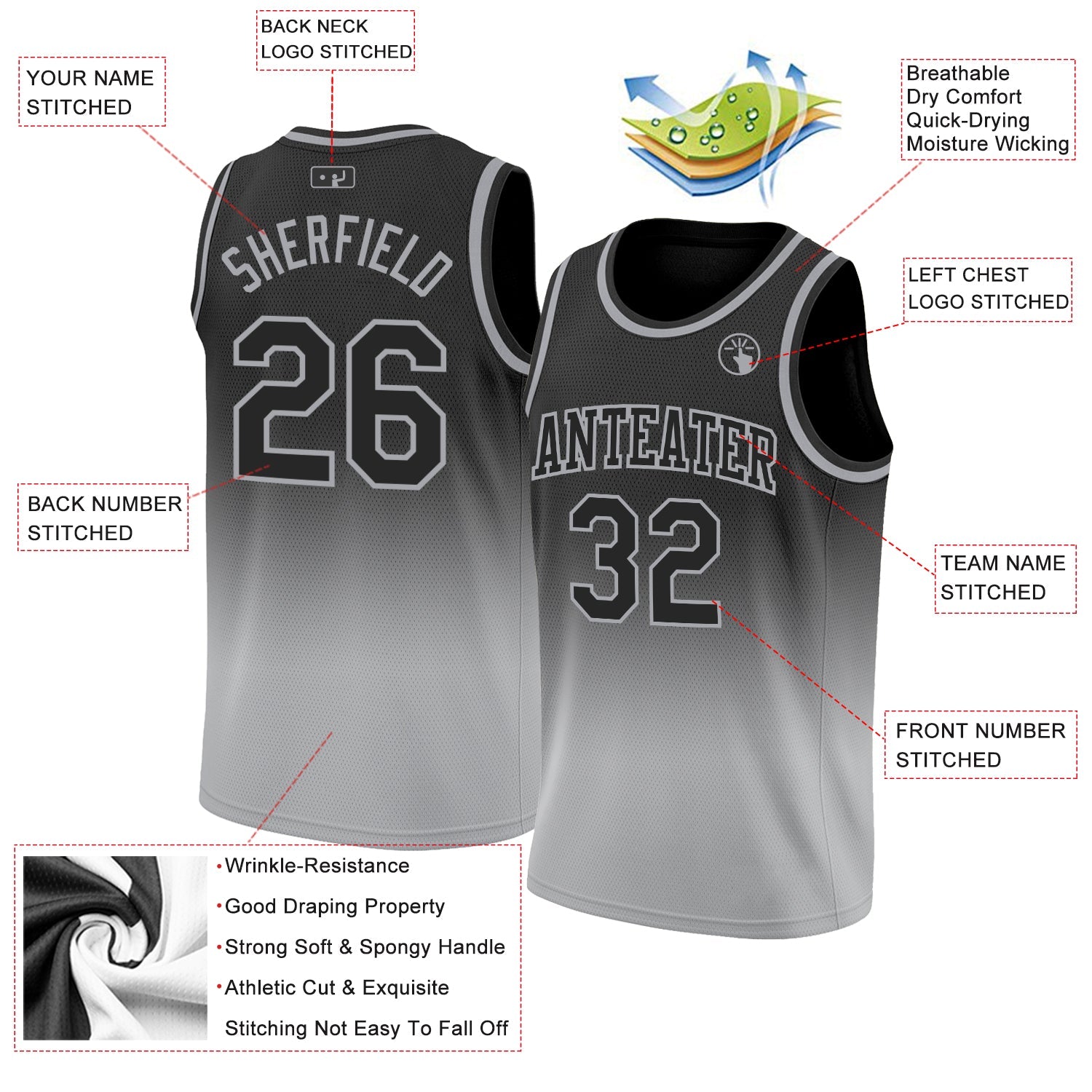 Custom Black Black-Gray Authentic Fade Fashion Basketball Jersey view 2