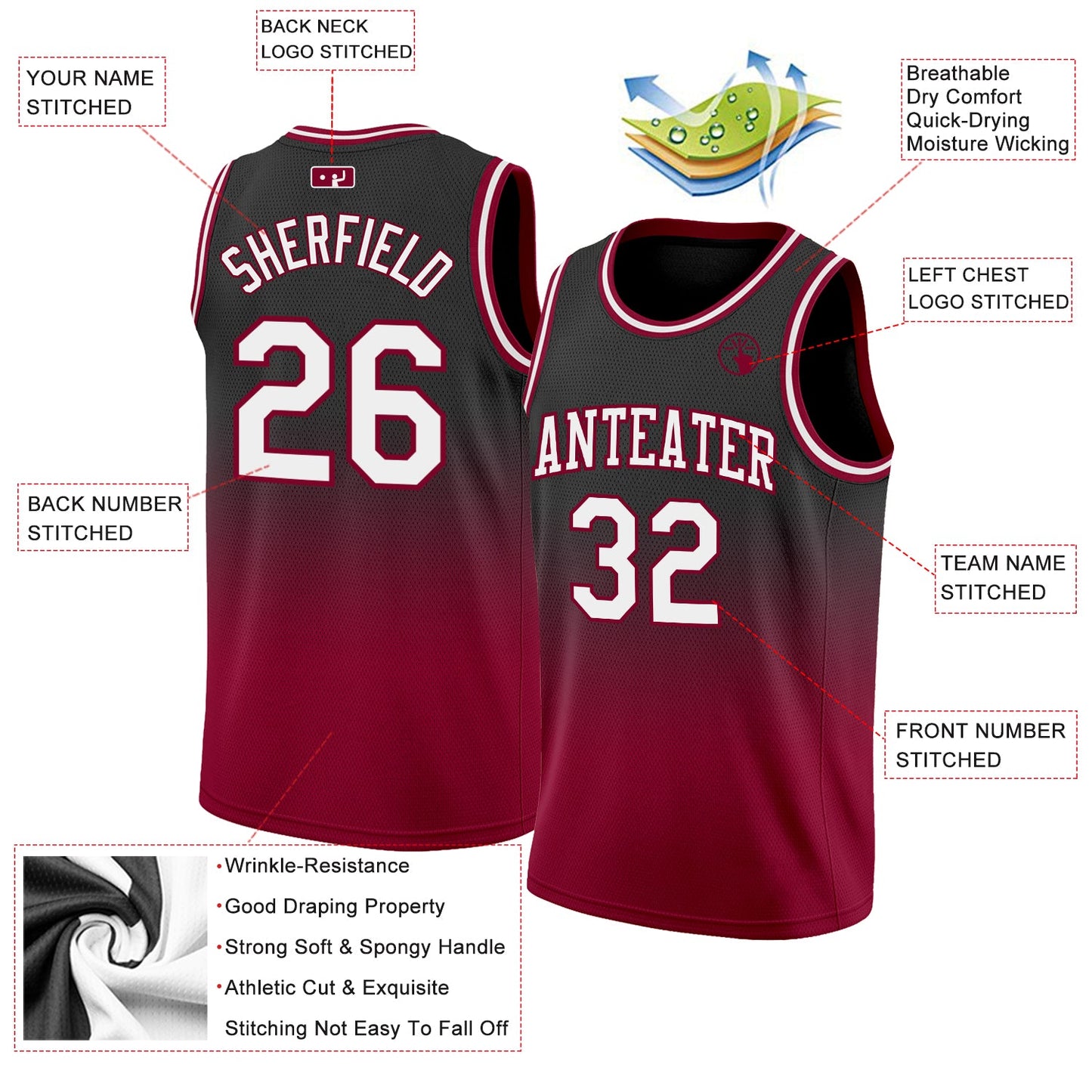 Custom Black White-Maroon Authentic Fade Fashion Basketball Jersey view 2