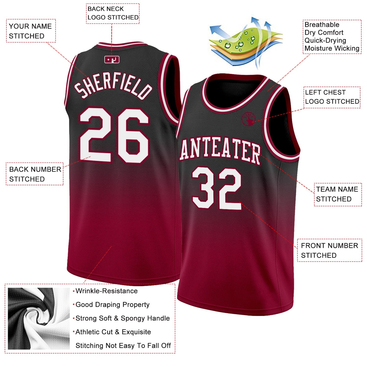Custom Black White-Maroon Authentic Fade Fashion Basketball Jersey view 2