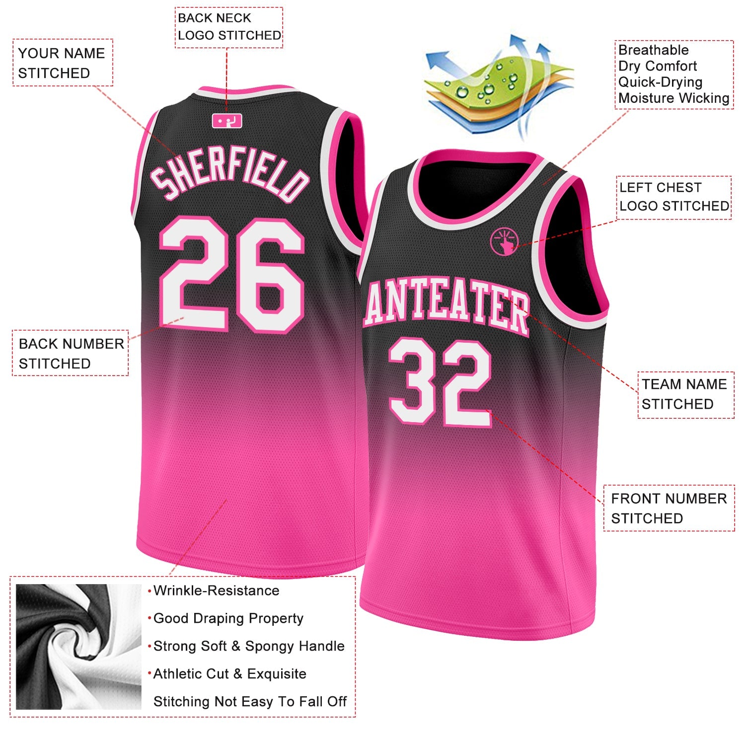 Custom Black White-Pink Authentic Fade Fashion Basketball Jersey view 2
