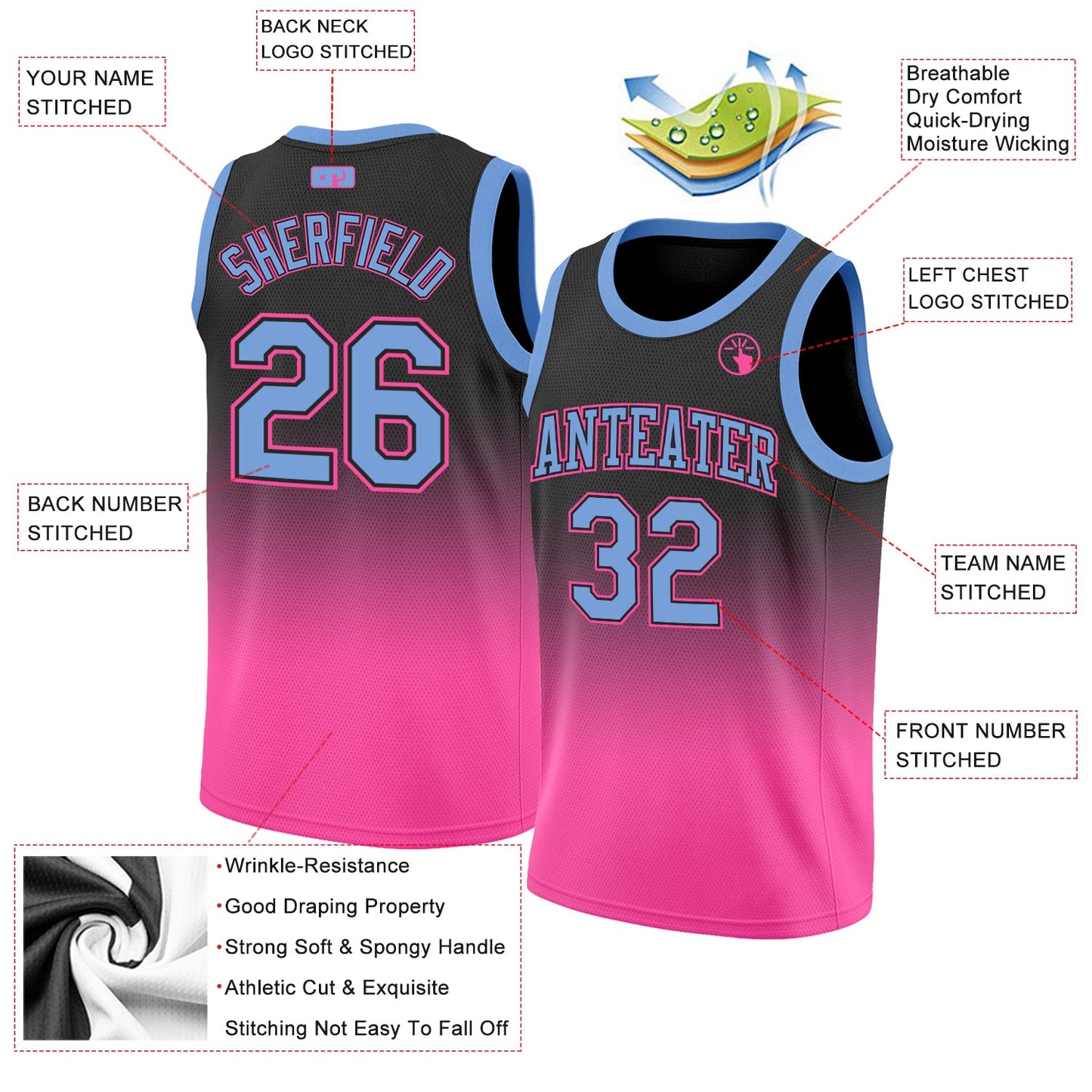 Custom Black Light Blue-Pink Authentic Fade Fashion Basketball Jersey view 2