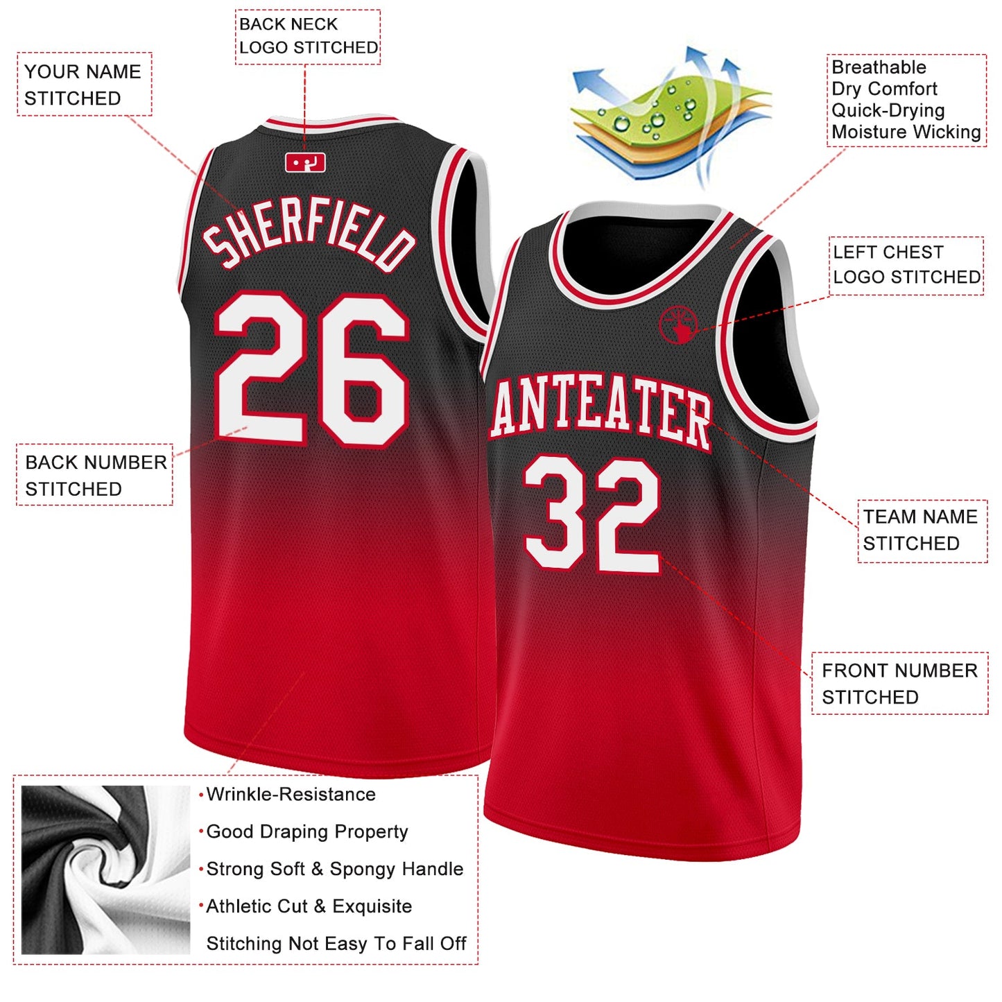 Custom Black White-Red Authentic Fade Fashion Basketball Jersey view 2
