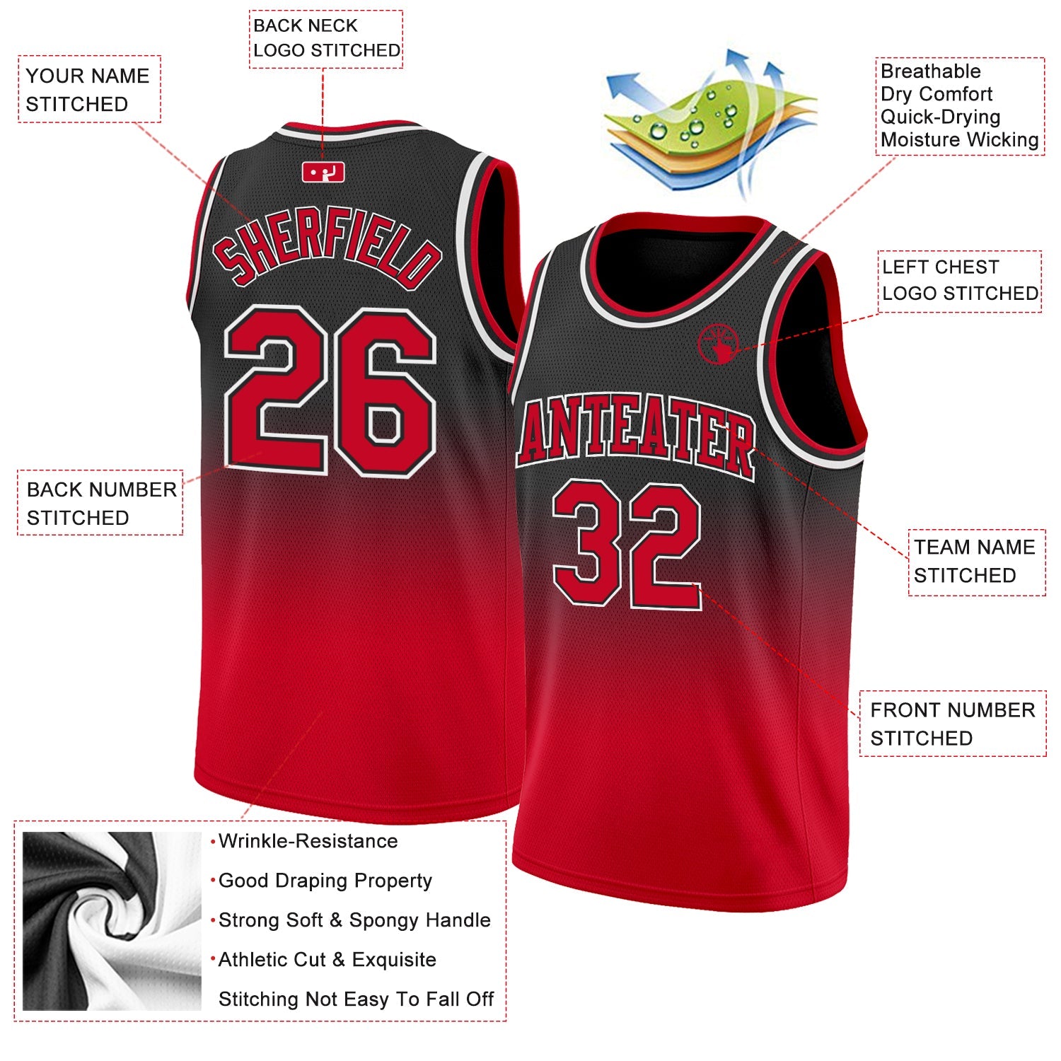 Custom Black Red-White Authentic Fade Fashion Basketball Jersey view 2