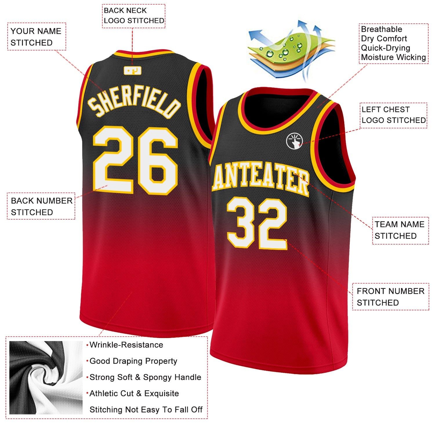 Custom Black White-Red Authentic Fade Fashion Basketball Jersey view 2