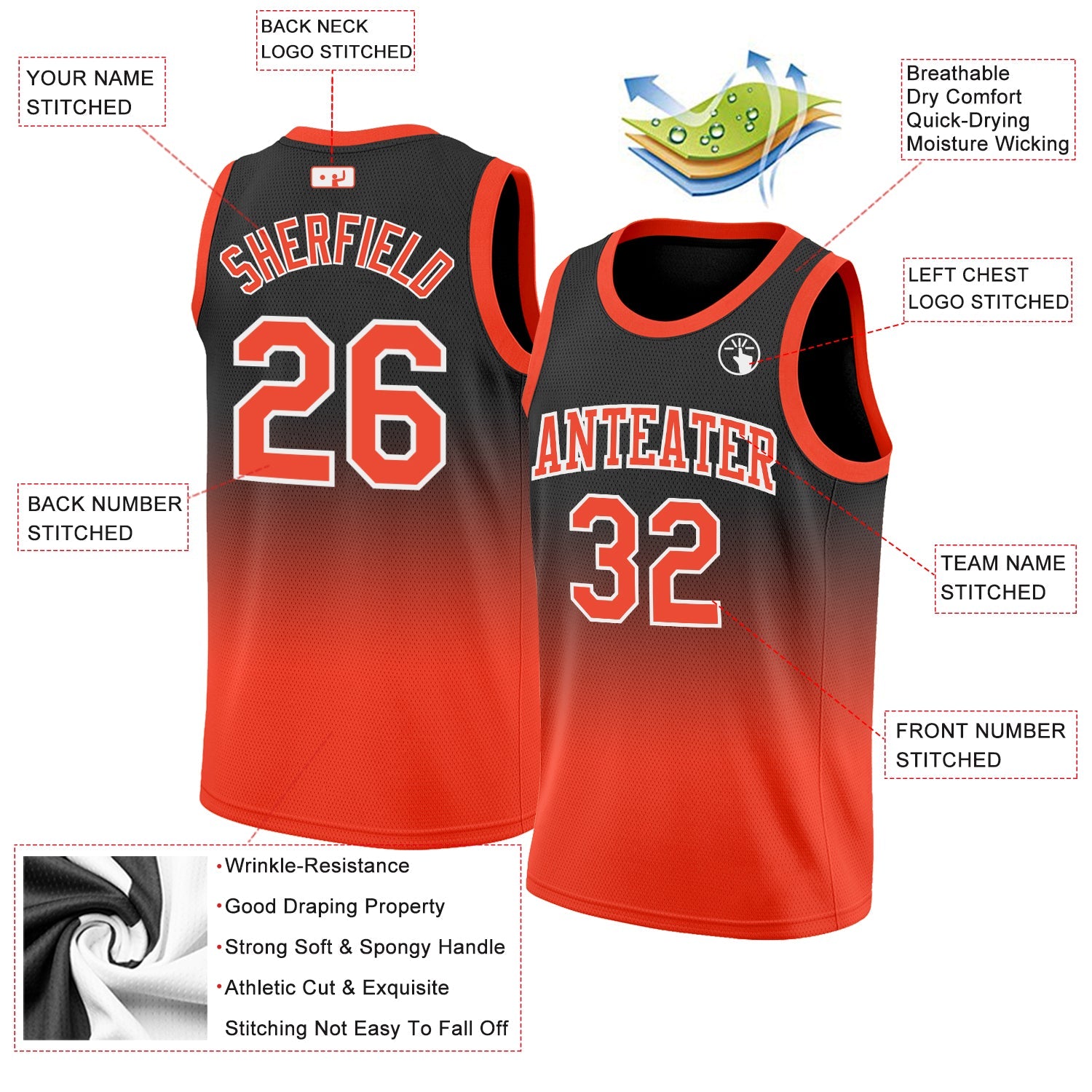 Custom Black Orange-White Authentic Fade Fashion Basketball Jersey view 2