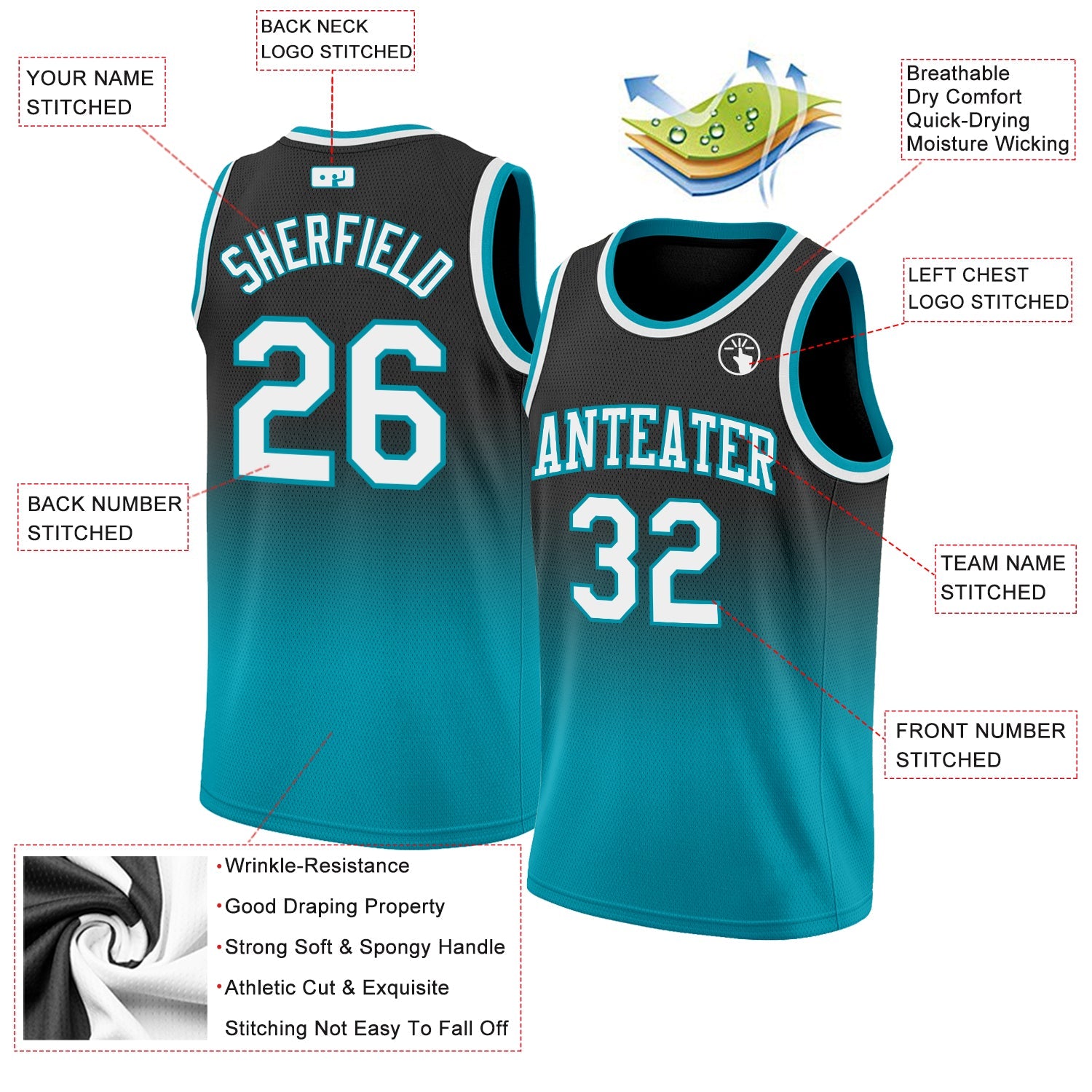 Custom Black White-Teal Authentic Fade Fashion Basketball Jersey view 2