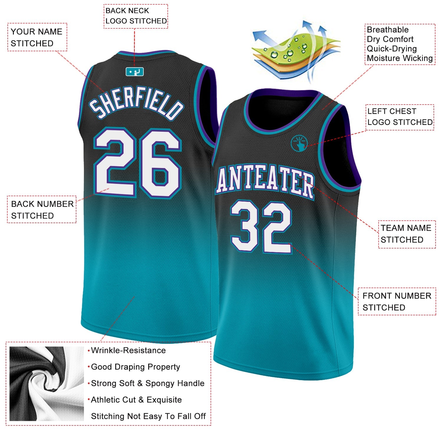Custom Black White-Teal Authentic Fade Fashion Basketball Jersey view 2