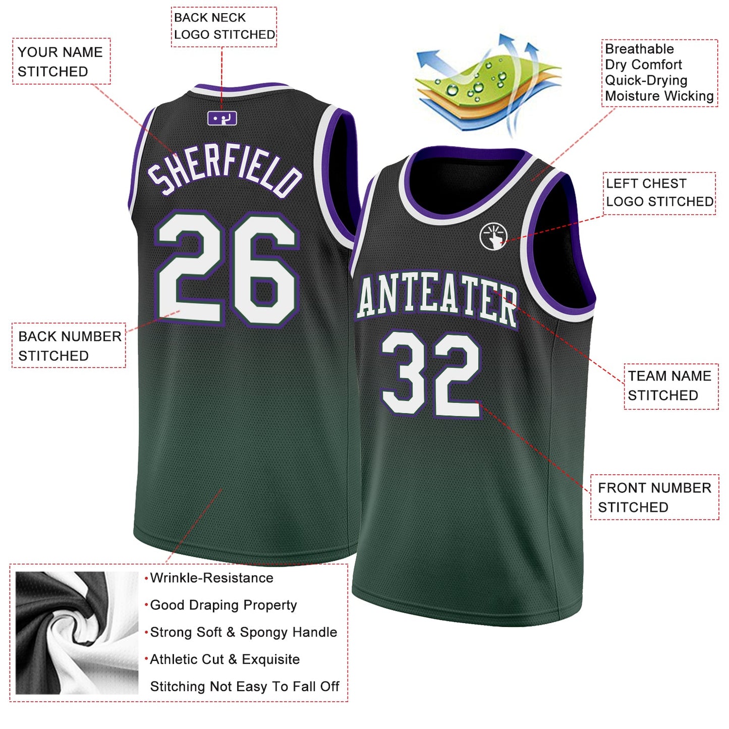 Custom Black White-Green Authentic Fade Fashion Basketball Jersey view 2