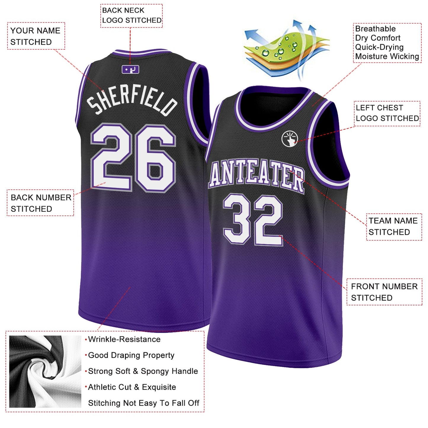 Custom Black White-Purple Authentic Fade Fashion Basketball Jersey view 2