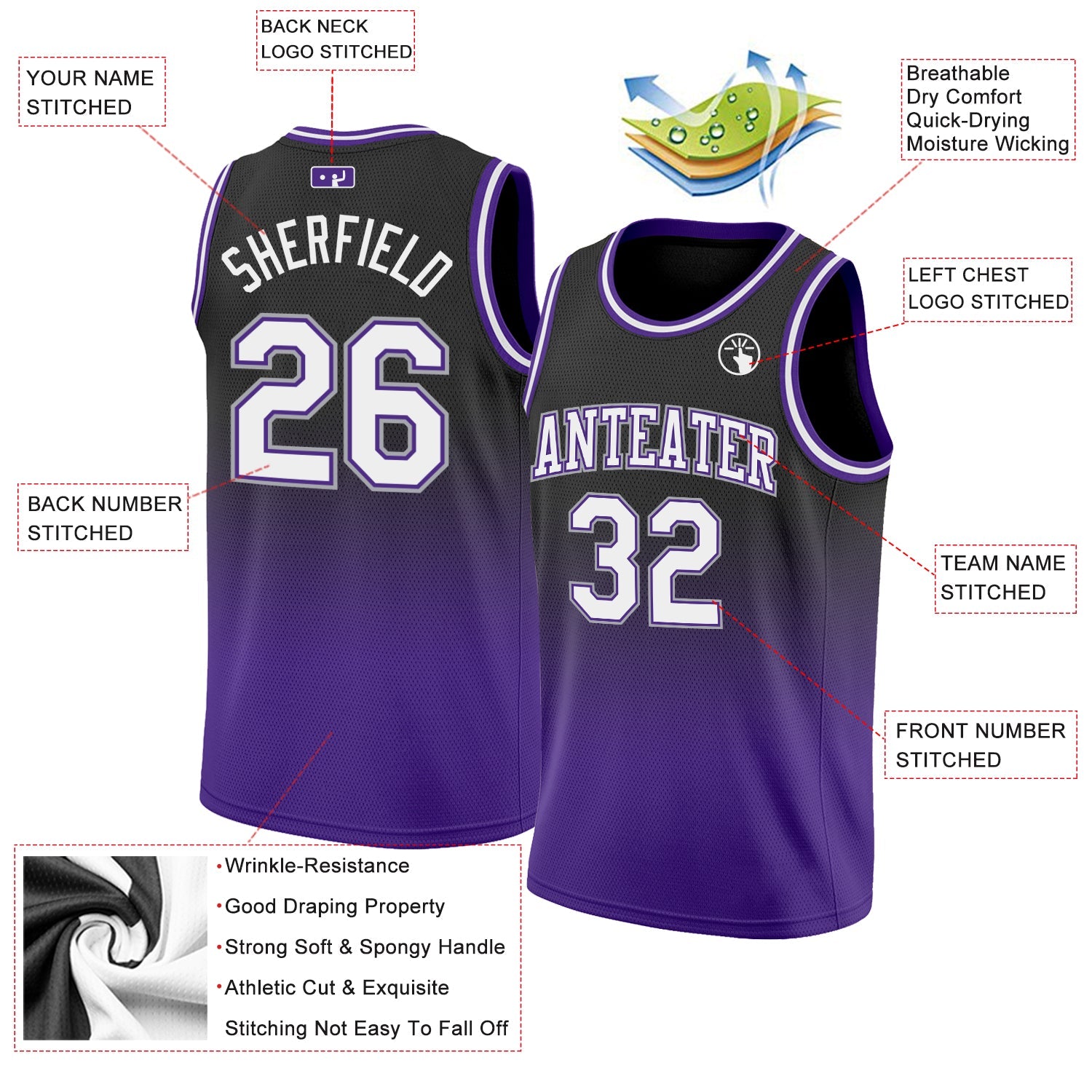 Custom Black White-Purple Authentic Fade Fashion Basketball Jersey view 2