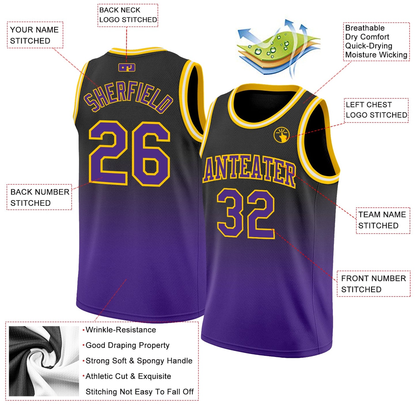 Custom Black Purple-Gold Authentic Fade Fashion Basketball Jersey view 2