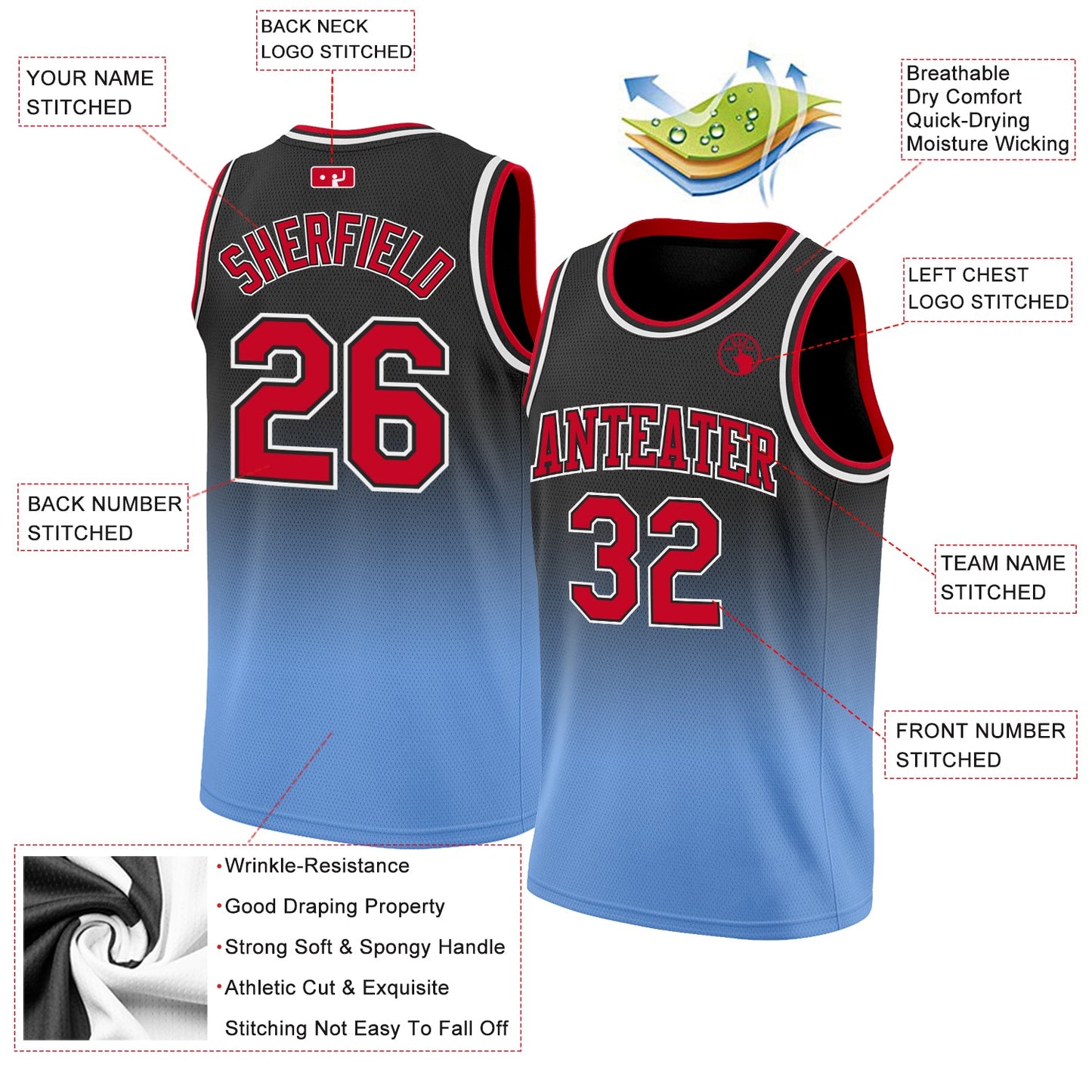 Custom Black Red-Light Blue Authentic Fade Fashion Basketball Jersey view 2