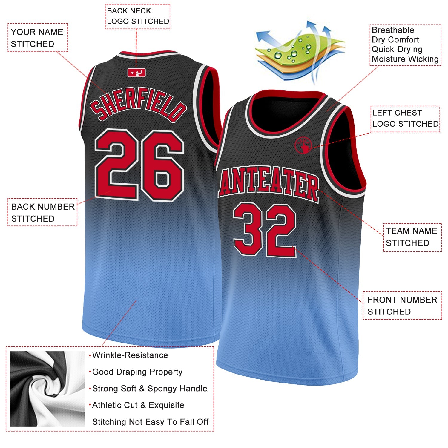 Custom Black Red-Light Blue Authentic Fade Fashion Basketball Jersey view 2