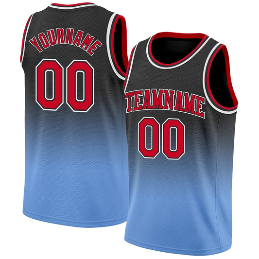 Custom Black Red-Light Blue Authentic Fade Fashion Basketball Jersey - Main View