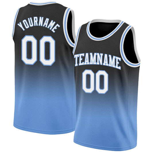 Custom Black White-Light Blue Authentic Fade Fashion Basketball Jersey - Main View