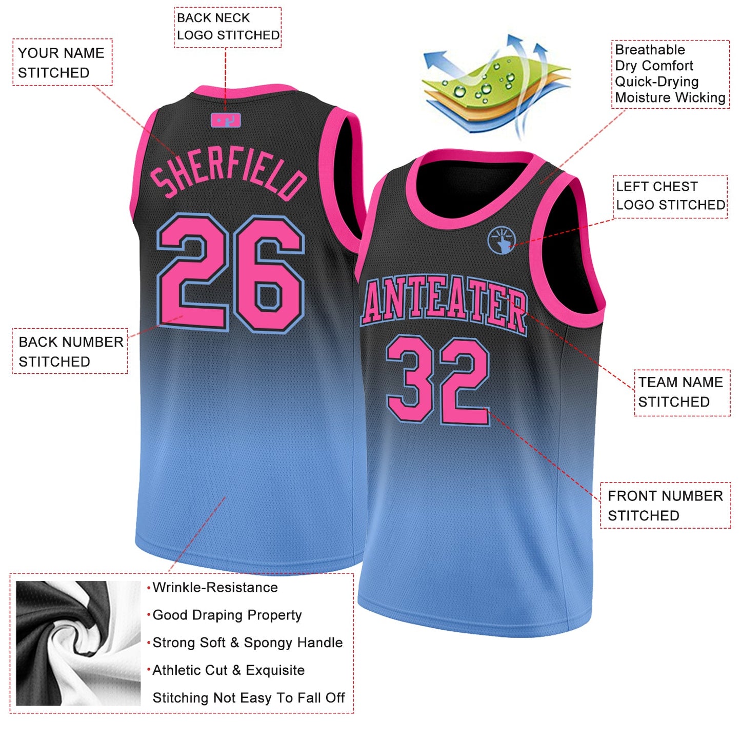Custom Black Pink-Light Blue Authentic Fade Fashion Basketball Jersey view 2