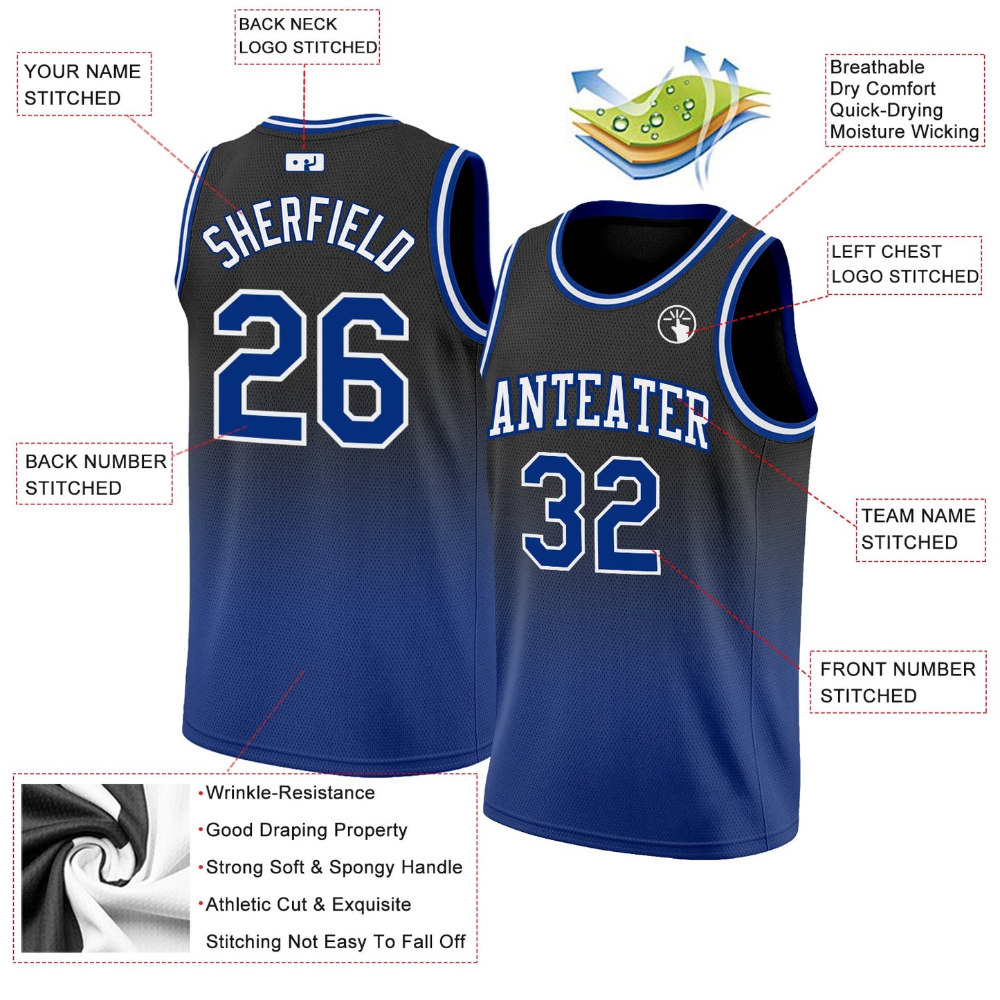 Custom Black Royal-White Authentic Fade Fashion Basketball Jersey view 2