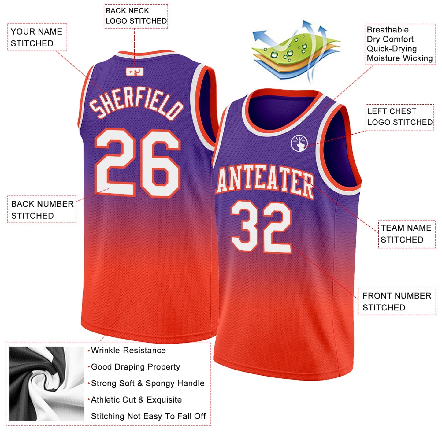 Custom Purple White-Orange Authentic Fade Fashion Basketball Jersey view 2