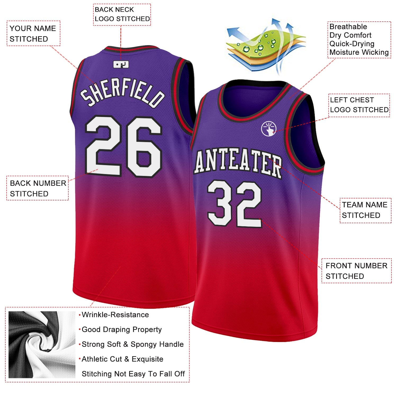 Custom Purple White-Red Authentic Fade Fashion Basketball Jersey view 2