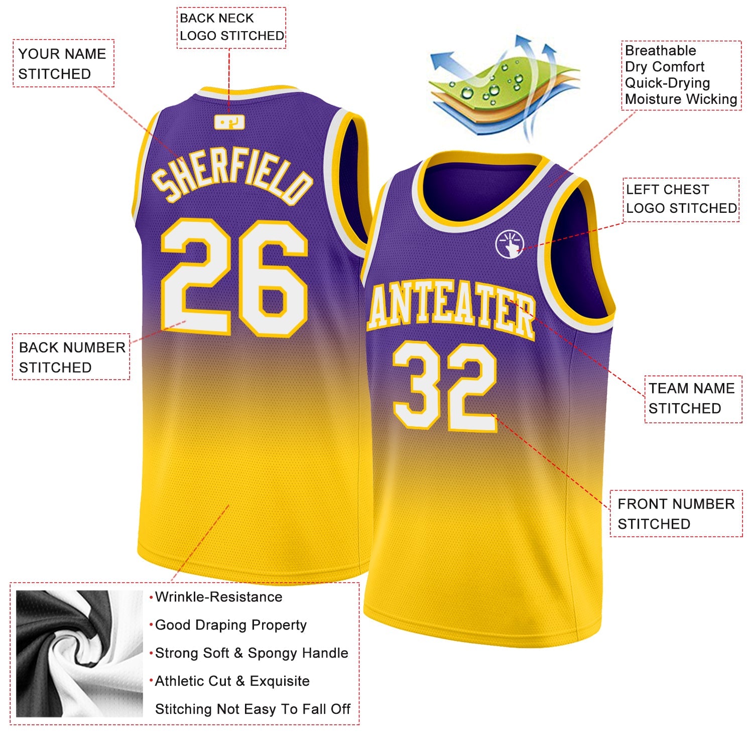 Custom Purple White-Gold Authentic Fade Fashion Basketball Jersey view 2