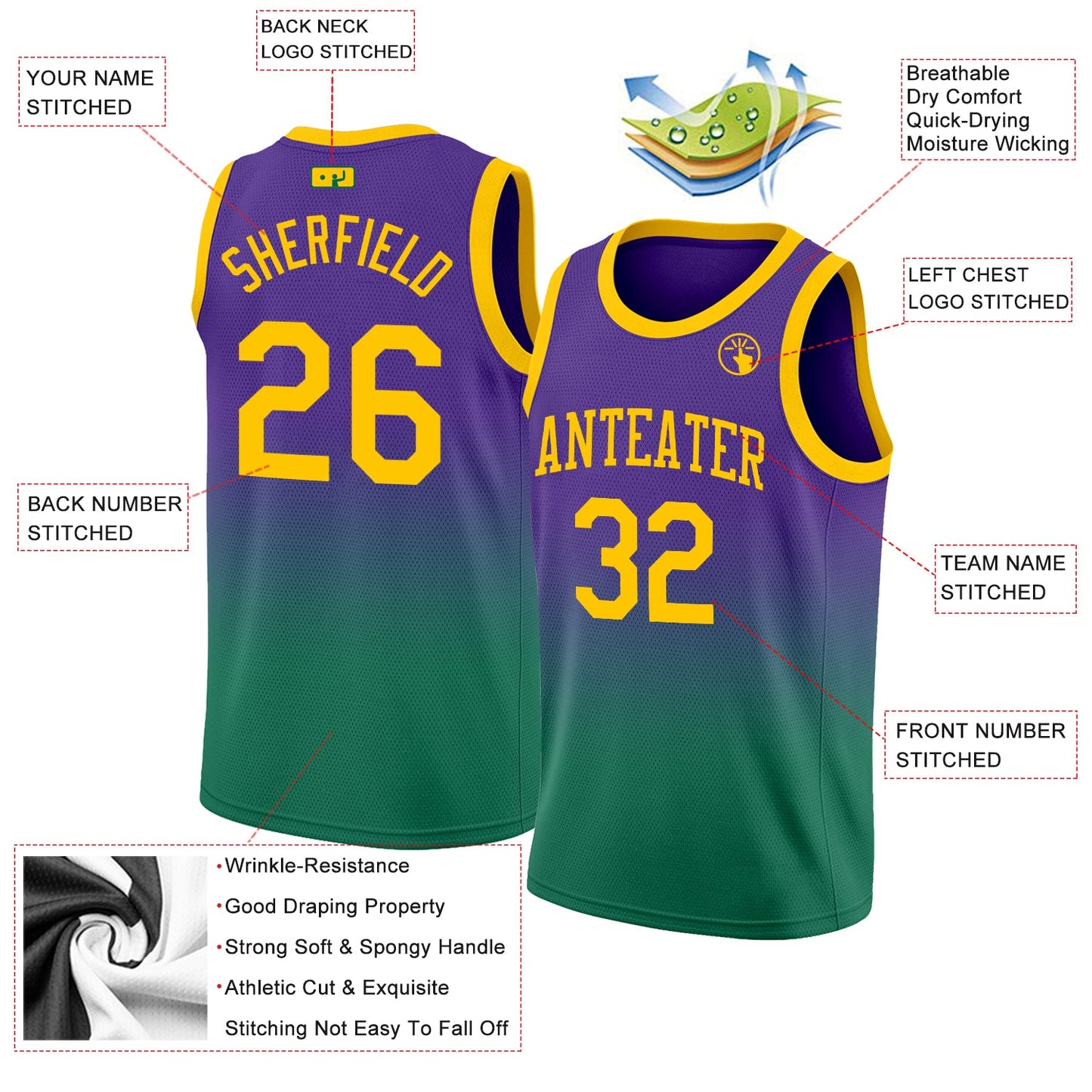 Custom Purple Gold-Kelly Green Authentic Fade Fashion Basketball Jersey view 2