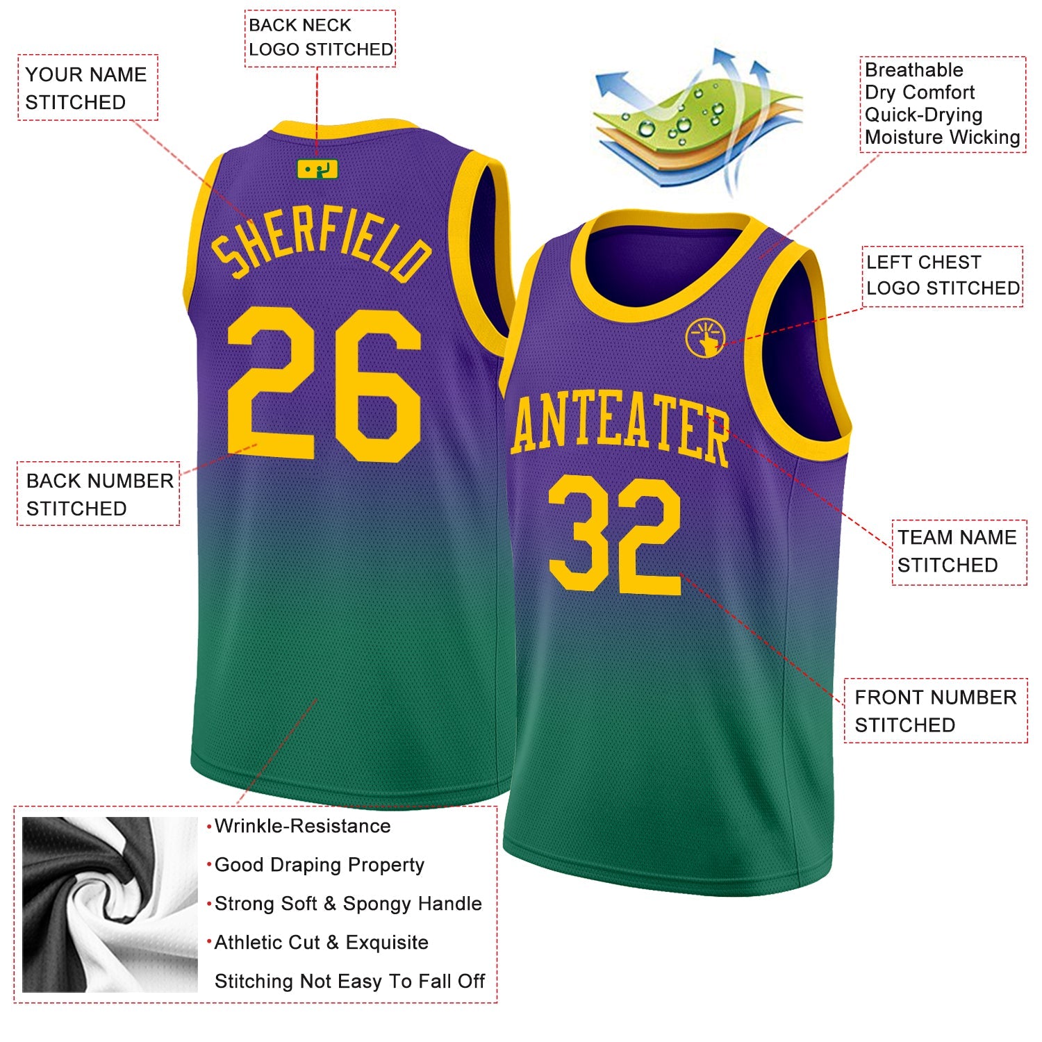 Custom Purple Gold-Kelly Green Authentic Fade Fashion Basketball Jersey view 2