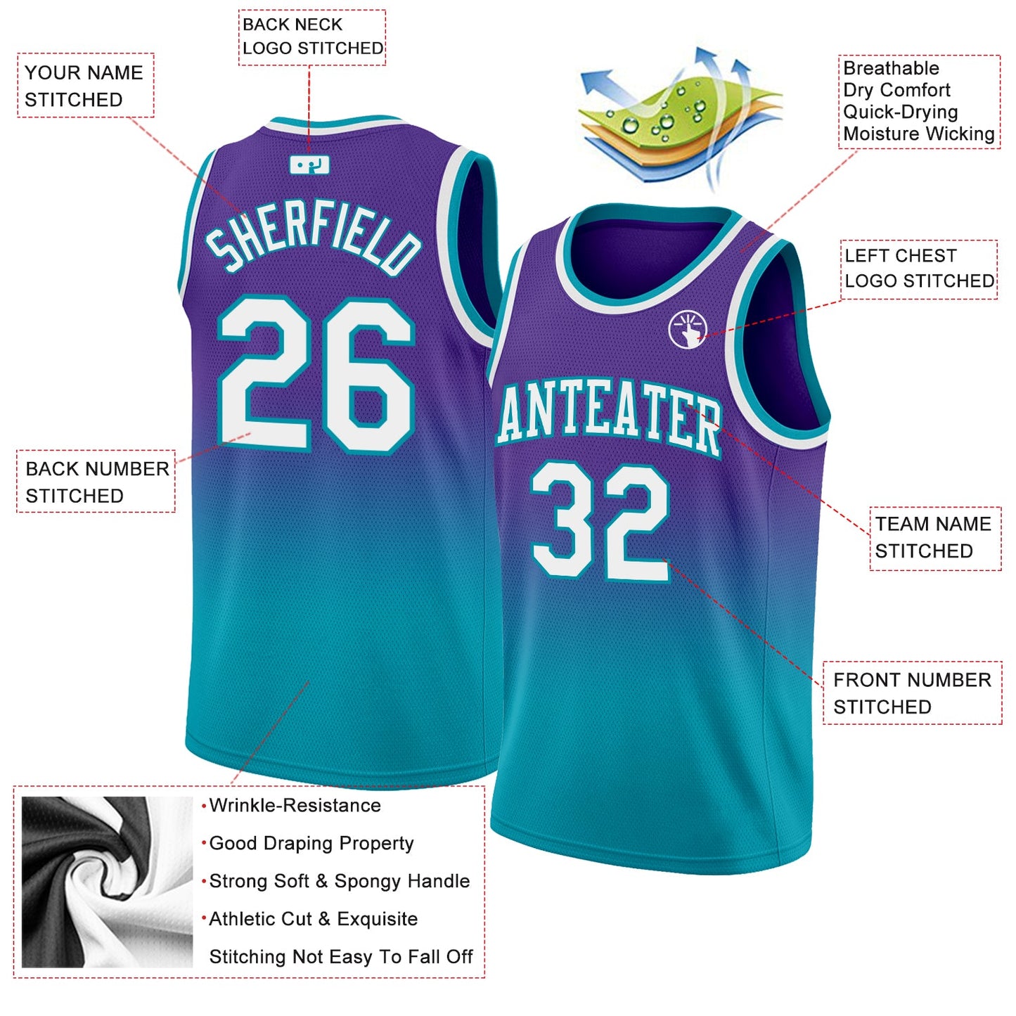Custom Purple White-Teal Authentic Fade Fashion Basketball Jersey view 2