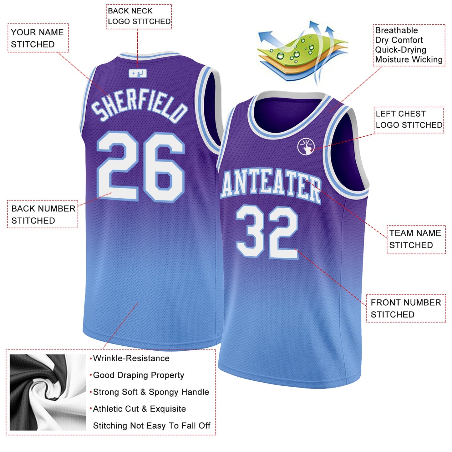 Custom Purple White-Light Blue Authentic Fade Fashion Basketball Jersey view 2