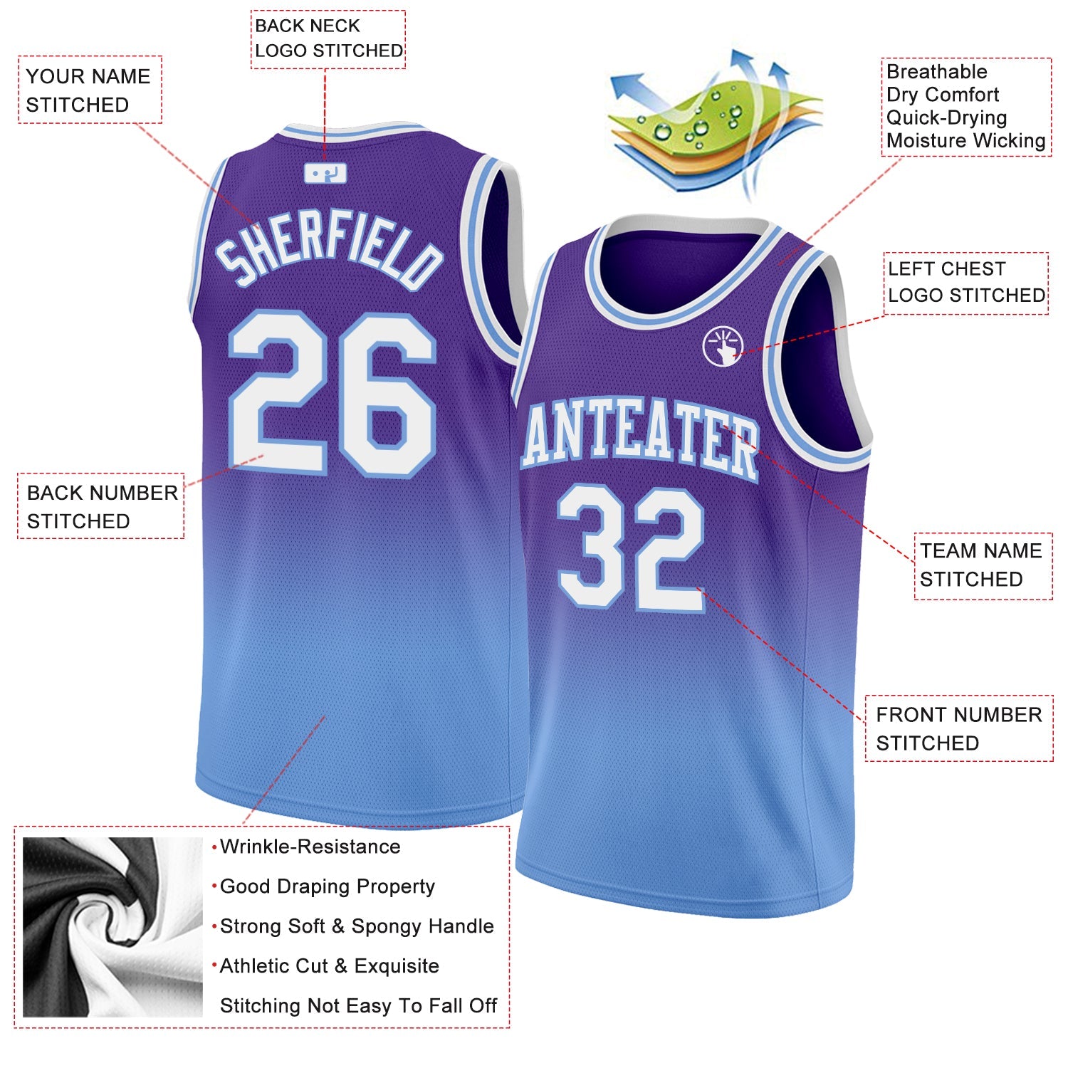 Custom Purple White-Light Blue Authentic Fade Fashion Basketball Jersey view 2