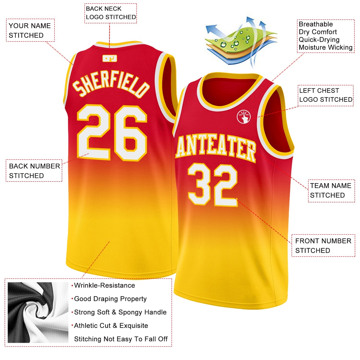 Custom Red White-Gold Authentic Fade Fashion Basketball Jersey view 2