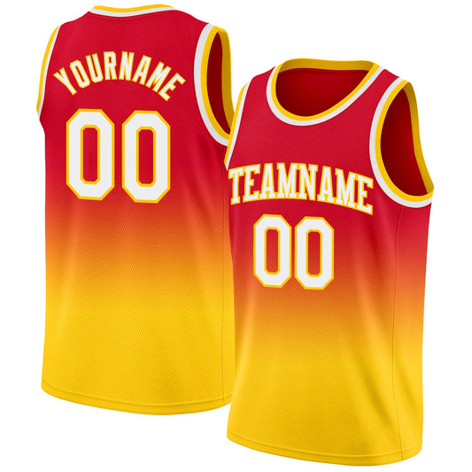 Custom Red White-Gold Authentic Fade Fashion Basketball Jersey - Main View