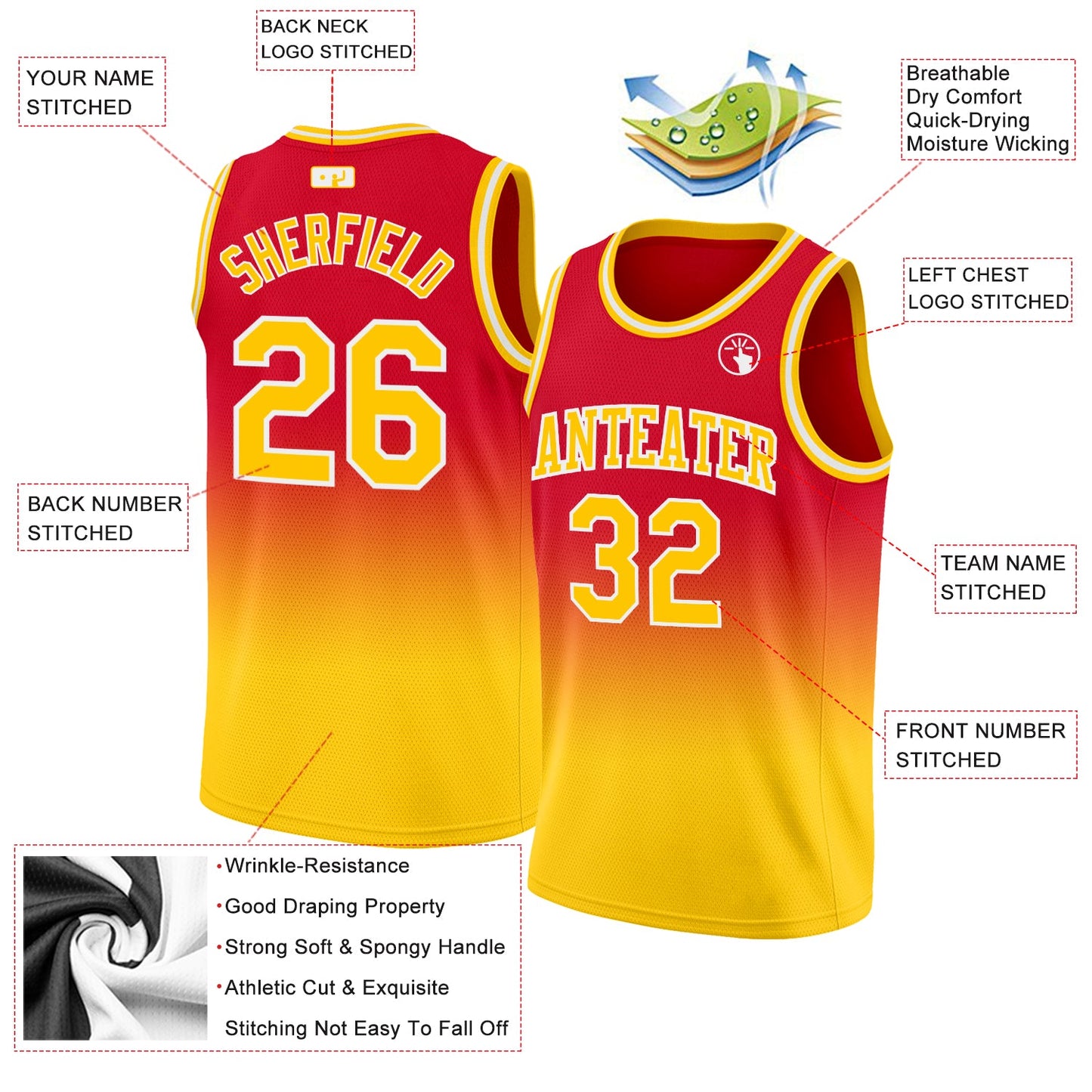 Custom Red Gold-White Authentic Fade Fashion Basketball Jersey view 2