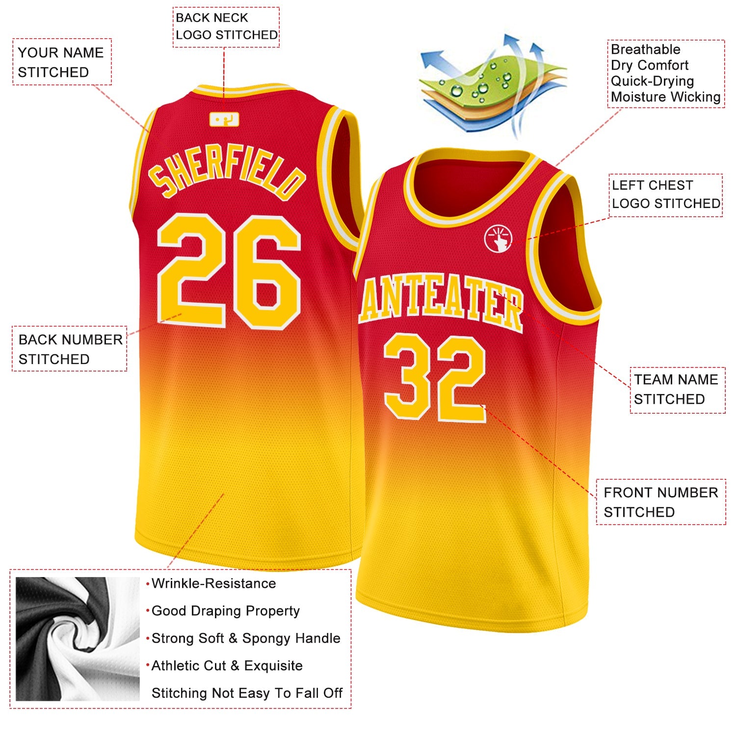 Custom Red Gold-White Authentic Fade Fashion Basketball Jersey view 2