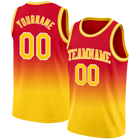 Custom Red Gold-White Authentic Fade Fashion Basketball Jersey - Main View