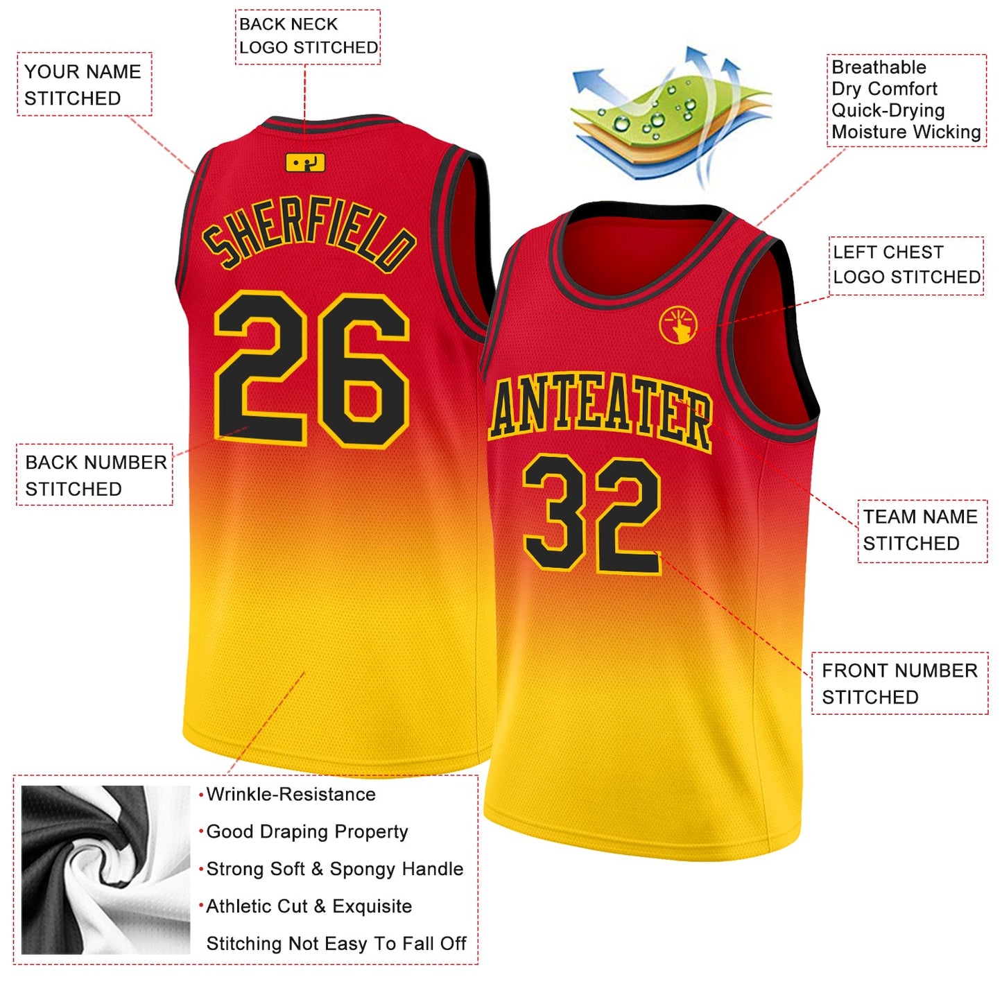 Custom Red Black-Gold Authentic Fade Fashion Basketball Jersey view 2
