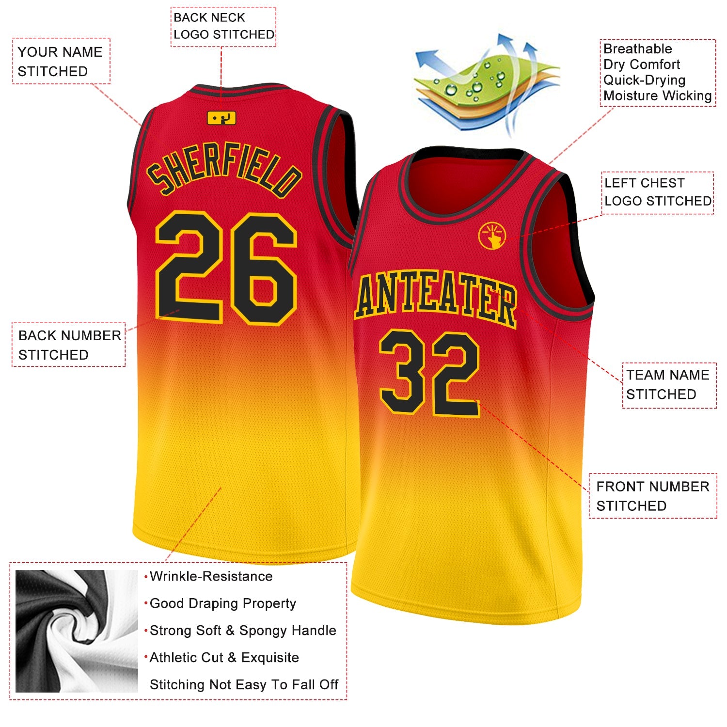 Custom Red Black-Gold Authentic Fade Fashion Basketball Jersey view 2