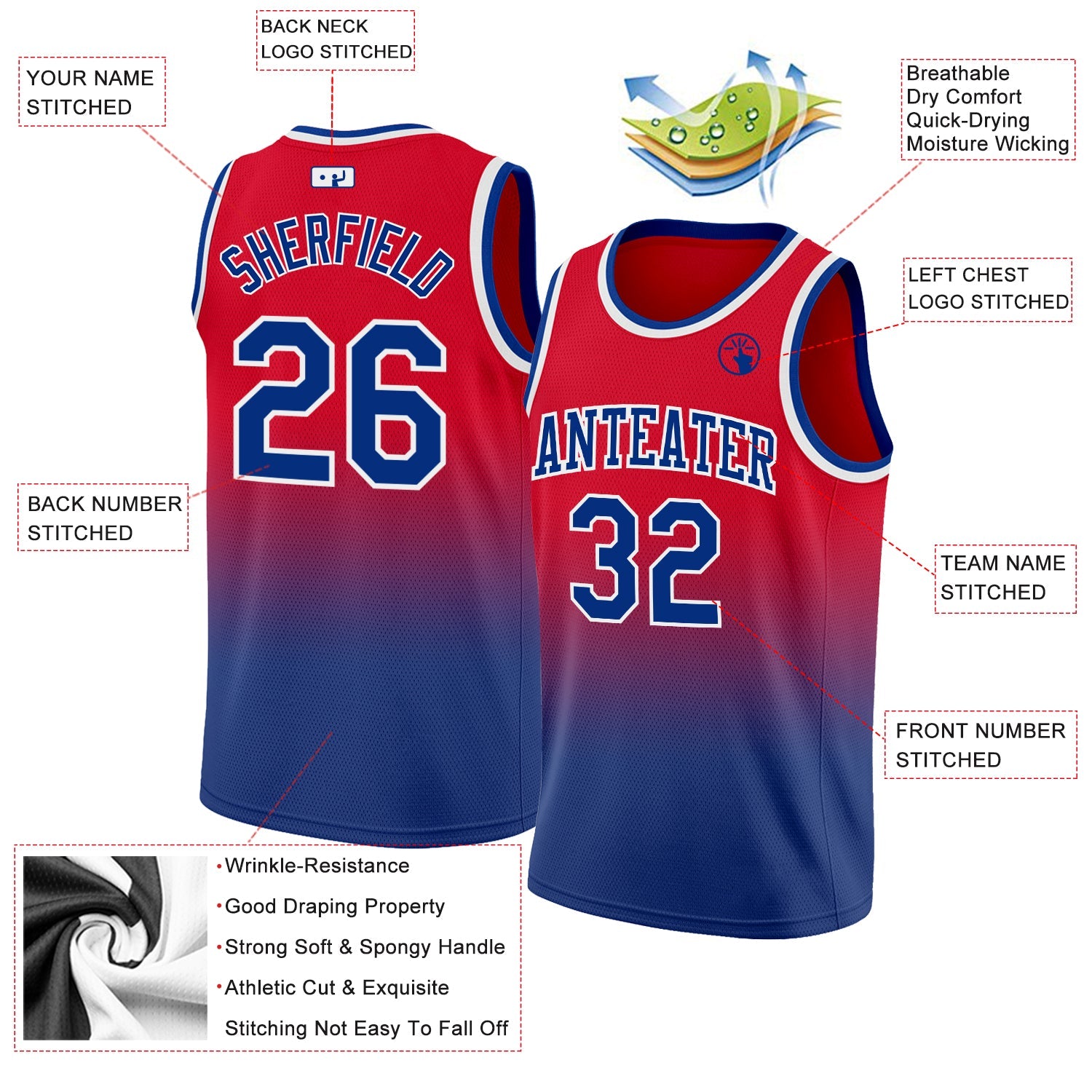 Custom Red Royal-White Authentic Fade Fashion Basketball Jersey view 2