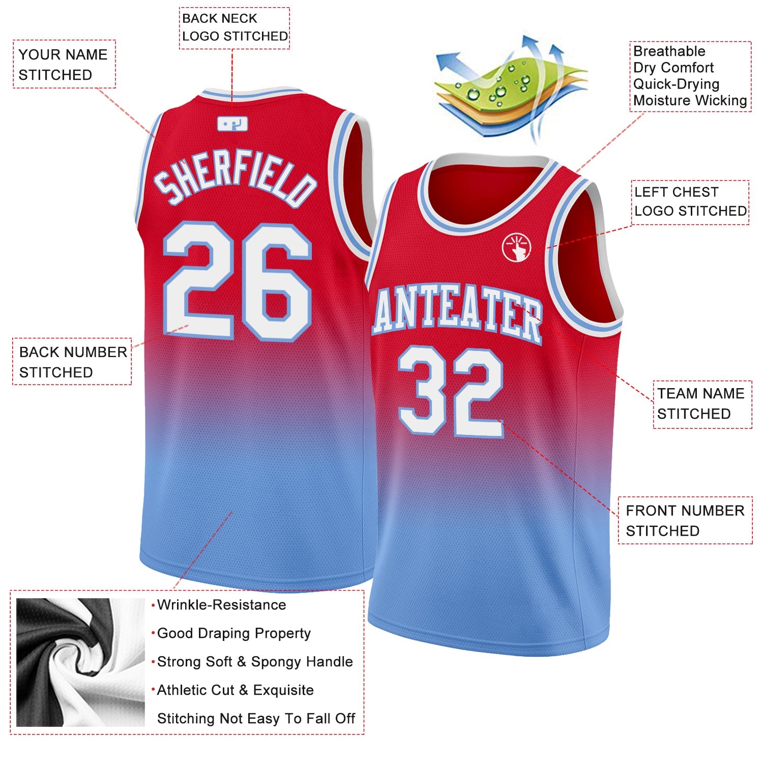 Custom Red White-Light Blue Authentic Fade Fashion Basketball Jersey view 2