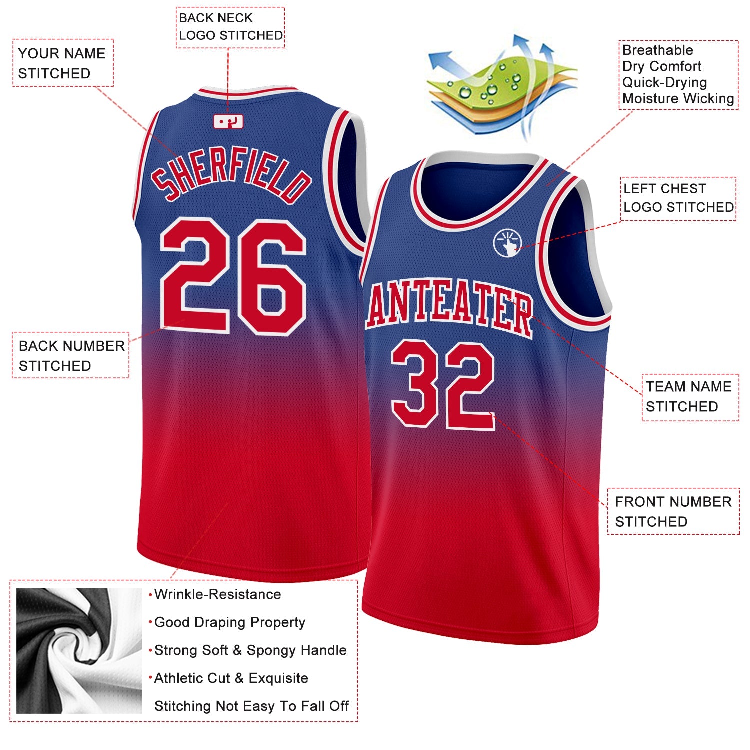 Custom Royal Red-White Authentic Fade Fashion Basketball Jersey view 2
