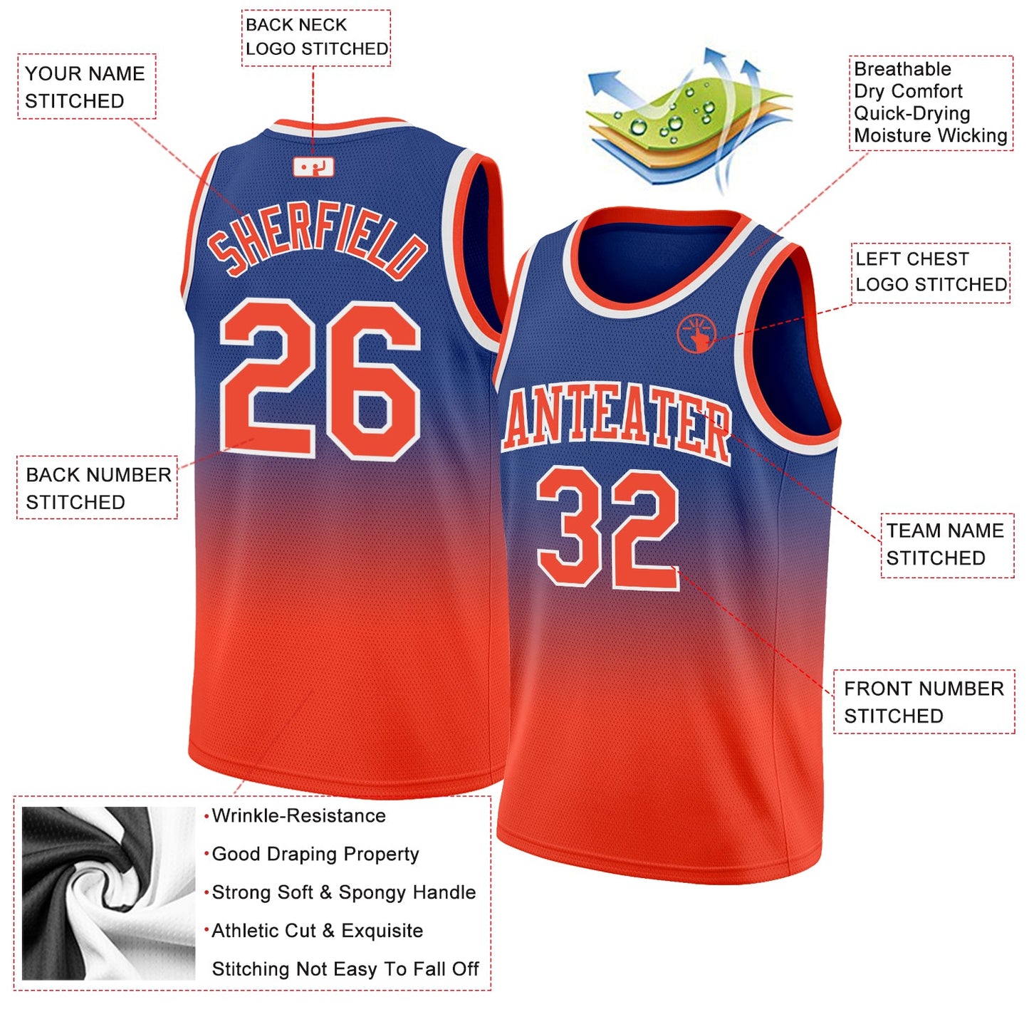 Custom Royal Orange-White Authentic Fade Fashion Basketball Jersey view 2