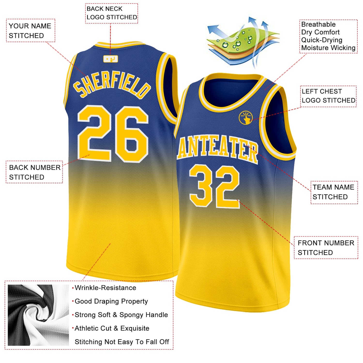 Custom Royal Gold-White Authentic Fade Fashion Basketball Jersey view 2