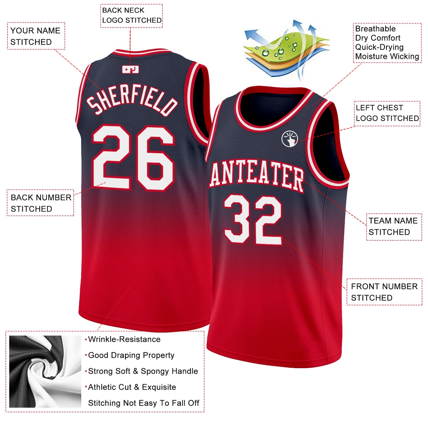 Custom Navy White-Red Authentic Fade Fashion Basketball Jersey view 2