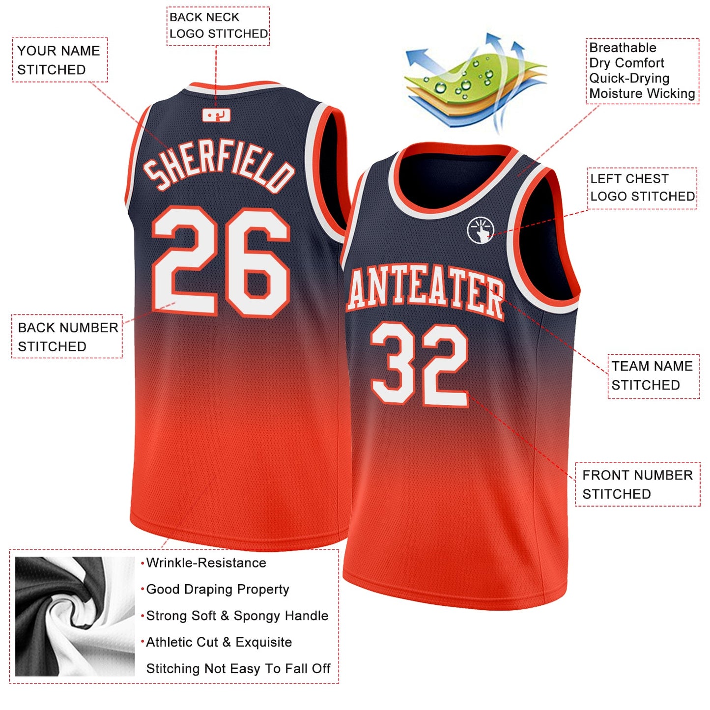 Custom Navy White-Orange Authentic Fade Fashion Basketball Jersey view 2